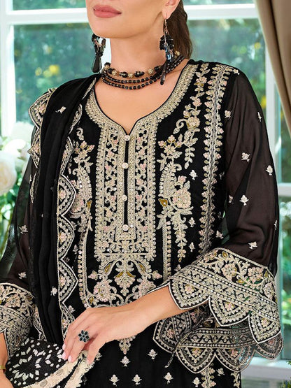 Ethnic Motifs Embroidered V-Neck Straight Kurta With Trousers & Dupatta
