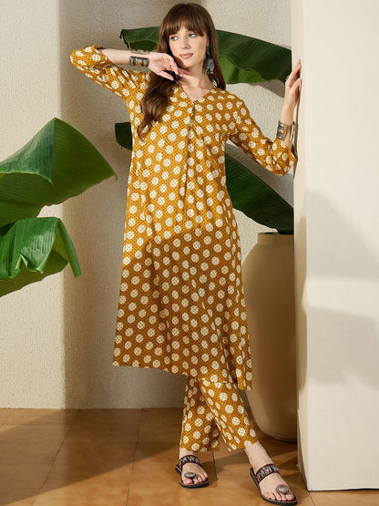 Dhiyona IE Geometric Printed Pure Cotton V-Neck Top With Trousers Co-Ords