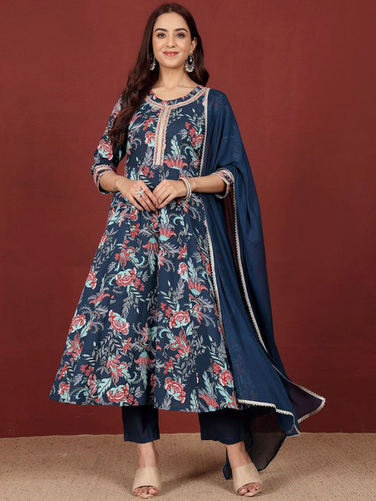 Dhiyona VA Women's Floral Printed Regular Pure Cotton Kurta, Trousers with Dupatta