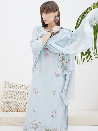 Floral Embroidered Straight Thread Work Pure Cotton Kurta With Trousers & Dupatta