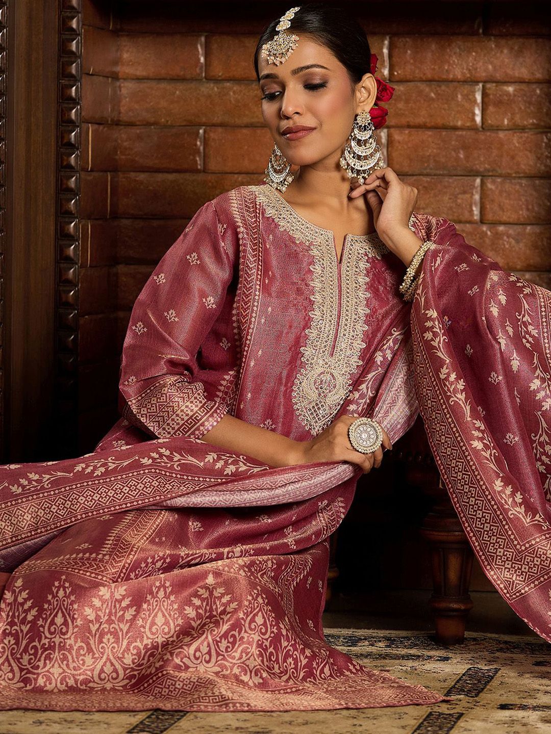 Dhiyona IE Floral Zari Embroidered Straight Kurta with Trouser & Dupatta