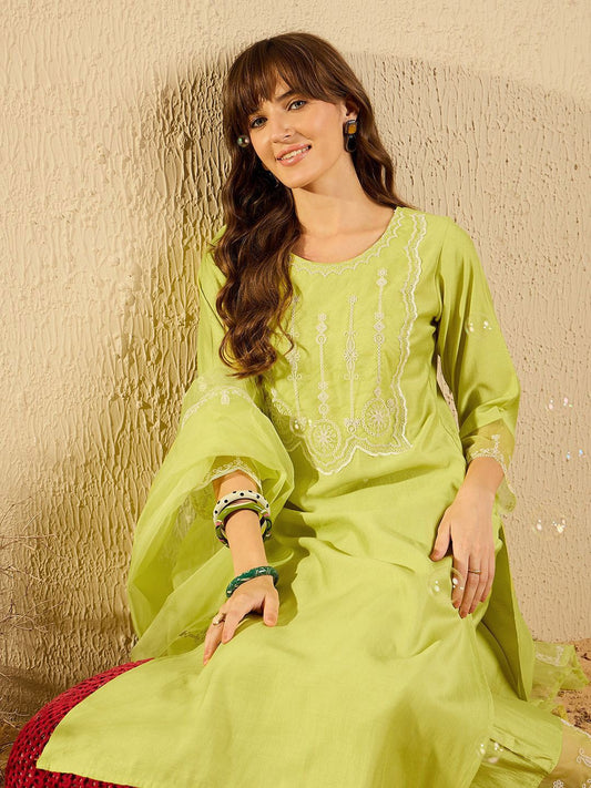 Dhiyona IE Women Ethnic Motifs Embroidered Regular Aari Work Liva Kurta with Trousers & With Dupatta