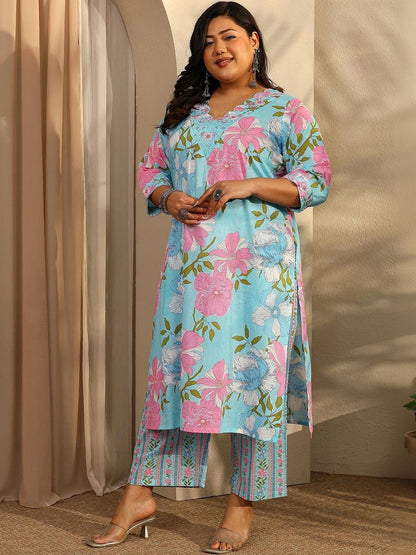 Dhiyona Women's Plus Size Floral Printed Kurta with Trousers & With Dupatta