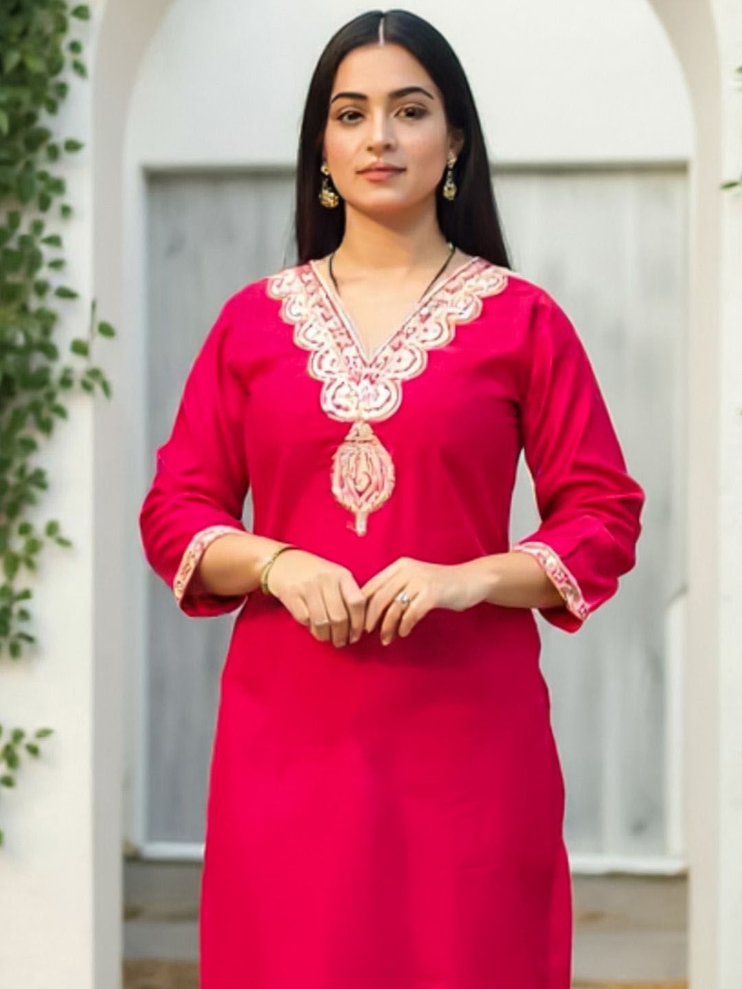 Women Ethnic Motifs Embroidered Regular Sequinned Liva Kurta with Trousers