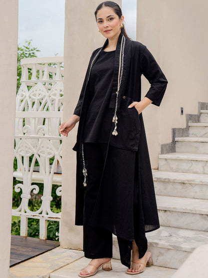 Women Round Neck Pure Cotton Straight Kurta with Palazzos With Jacket