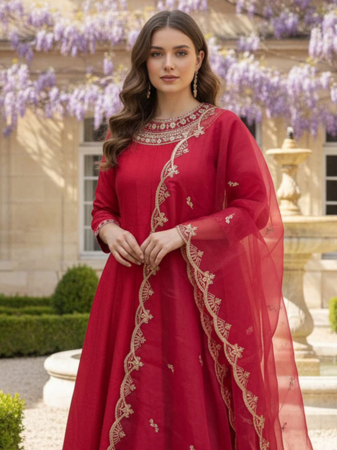 Dhiyona IE Floral Embroidered Zari Work Panelled Anarkali Kurta With Trouser & Dupatta