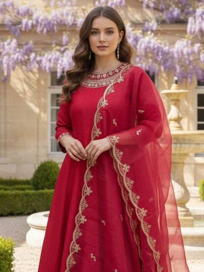 Floral Embroidered Zari Work Panelled Anarkali Kurta With Trouser & Dupatta