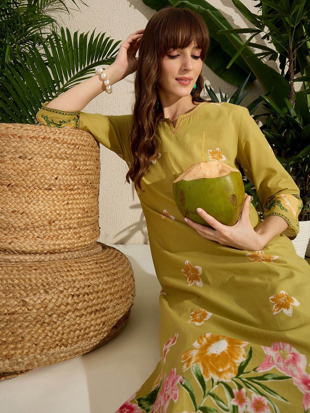 Dhiyona IE Printed Notch Neck Straight Pure Cotton Kurta With Pants