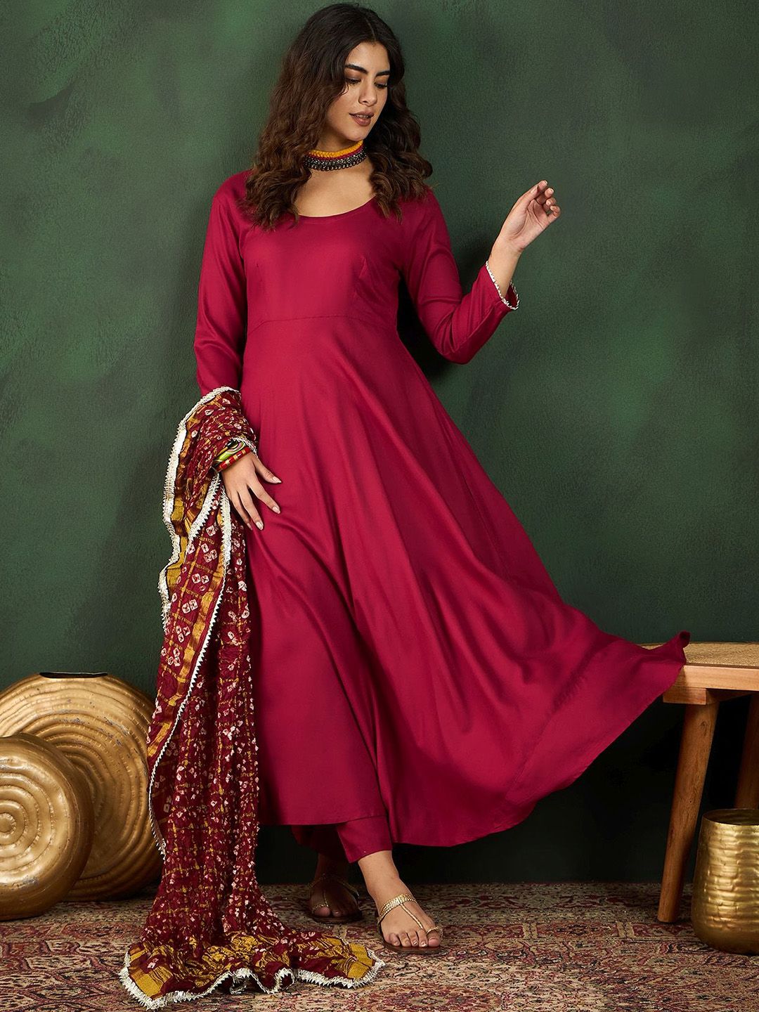 Dhiyona SN Women's Maroon Anarkali Kurta With Trousers & Bandhani Dupatta