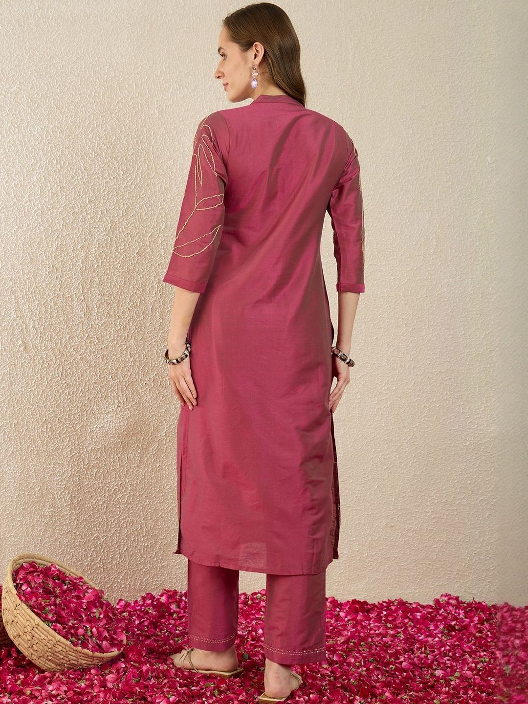 Dhiyona IE Printed Mandarin Collar Three-Quarter Sleeves Pure Cotton Top With Trousers