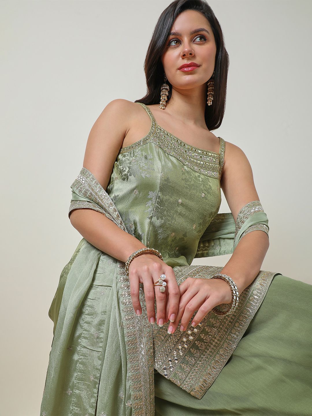 Dhiyona SO Women's Floral Embroidered Mirror Work Straight Kurti with Palazzos & Dupatta