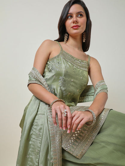 Dhiyona SO Women's Floral Embroidered Mirror Work Straight Kurti with Palazzos & Dupatta