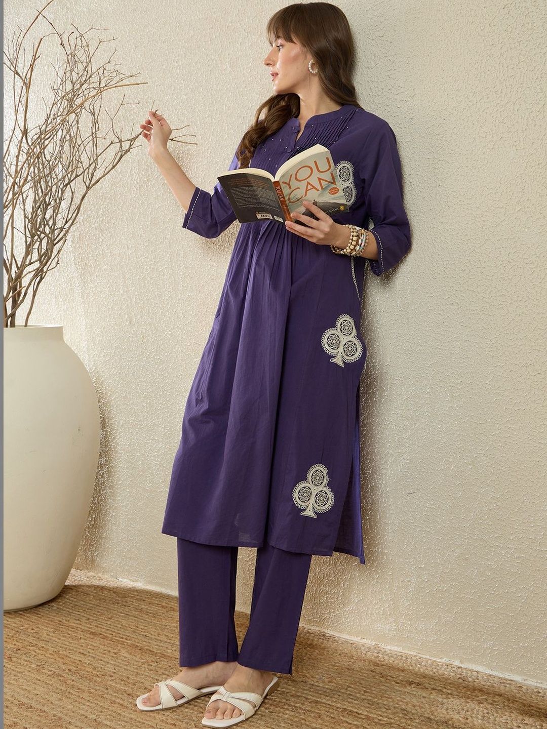 Women Ethnic Motifs Embroidered Pleated Thread Work Pure Cotton Kurta with Trousers
