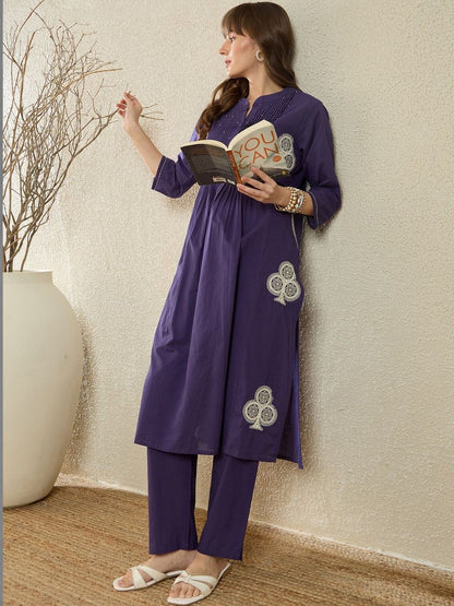 Women Ethnic Motifs Embroidered Pleated Thread Work Pure Cotton Kurta with Trousers