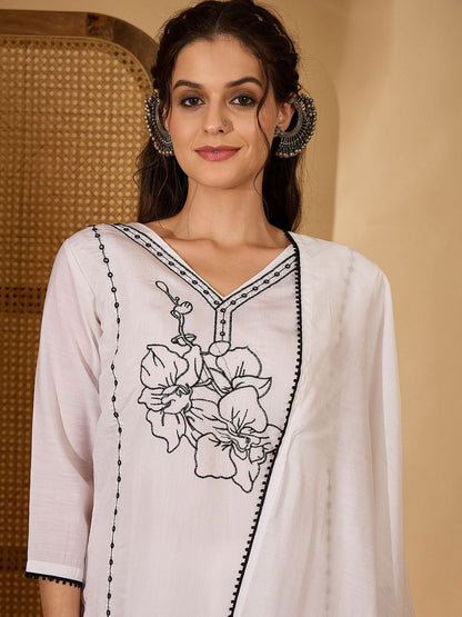Dhiyona SN Women's Floral Embroidered Thread Work Pure Silk Straight Kurta & Trousers With Dupatta