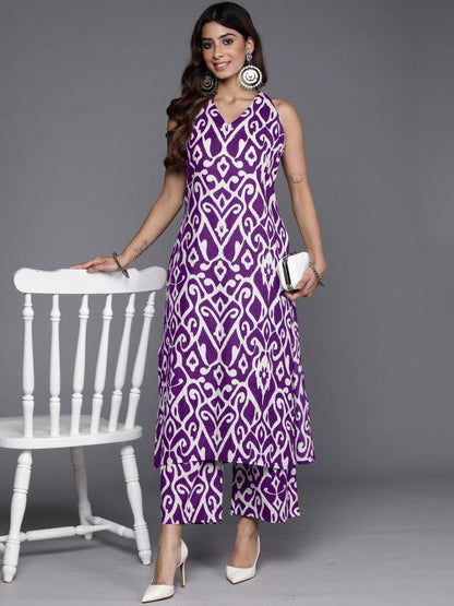 Dhiyona VR Women's Purple Ikat Printed Straight Kurta With Palazzo