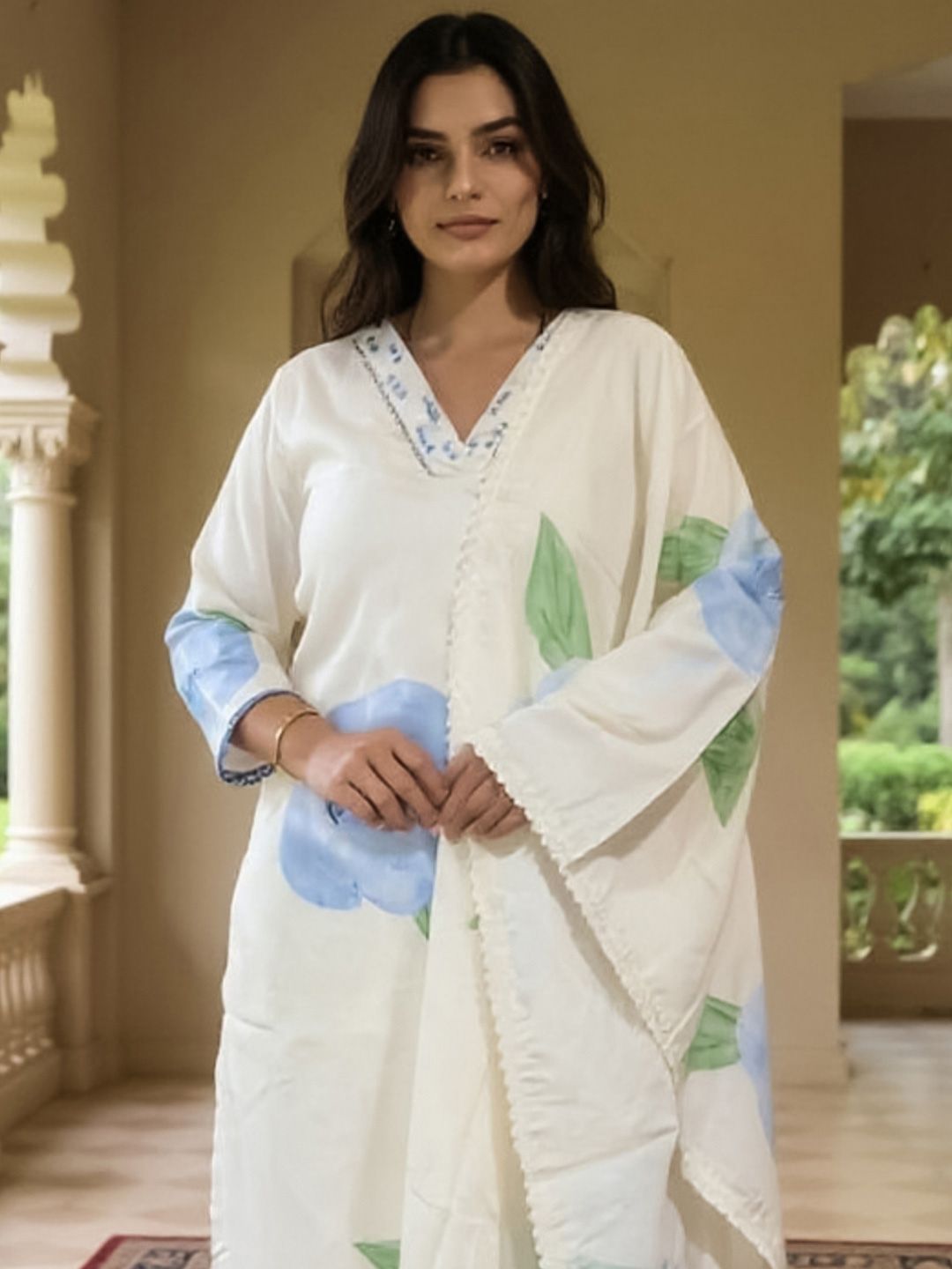 Dhiyona IE Women's Women Floral Printed Linen Kurta with Trousers & Dupatta
