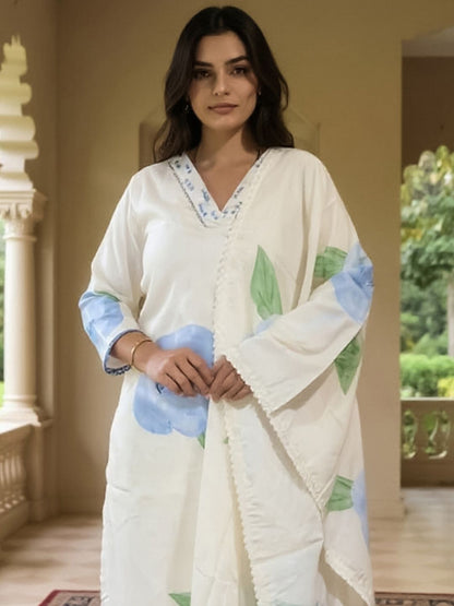 Dhiyona IE Women's Women Floral Printed Linen Kurta with Trousers & Dupatta