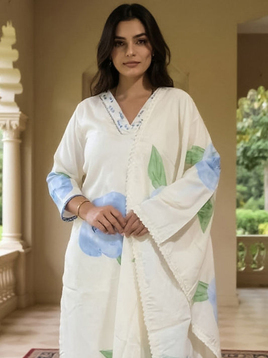 Dhiyona IE Women's Women Floral Printed Linen Kurta with Trousers & Dupatta