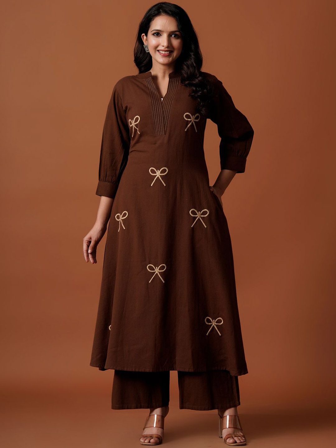 Dhiyona IE Embroidered Mandarin Collar Pure Cotton A-Line Top With Trousers