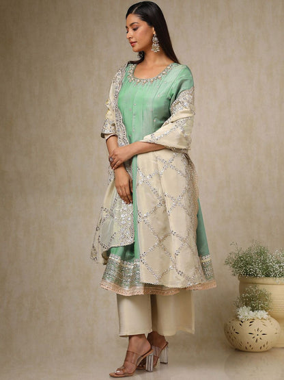 Dhiyona SO Women's Women Floral Embroidered Panelled Sequinned Kurta with Palazzos & With Dupatta