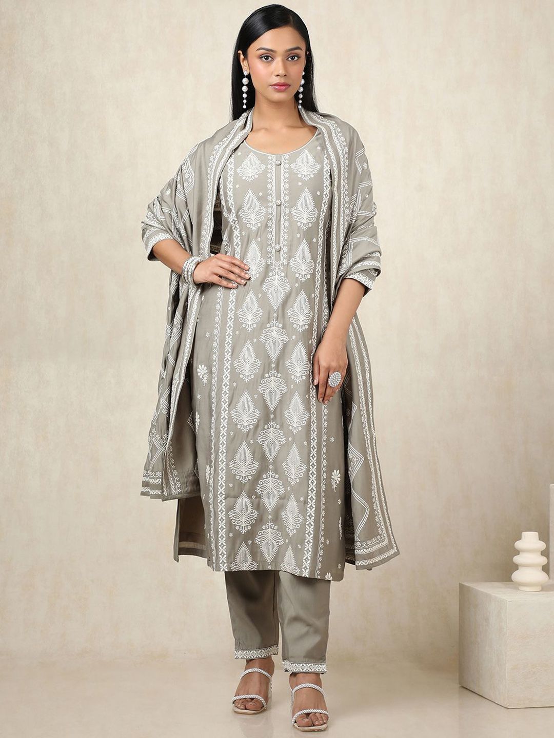 Dhiyona SO Women's Women Ethnic Motifs Printed Regular Chanderi Cotton Kurta with Trousers & With Dupatta