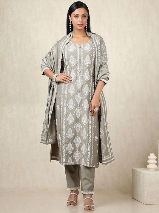 Dhiyona SO Women's Women Ethnic Motifs Printed Regular Chanderi Cotton Kurta with Trousers & With Dupatta