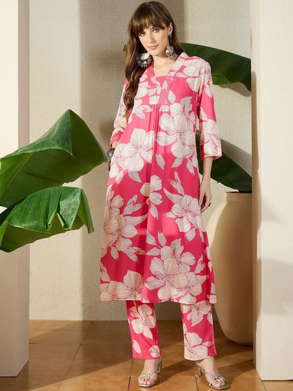 Women Pink Printed A-Line Kurta Trousers Set