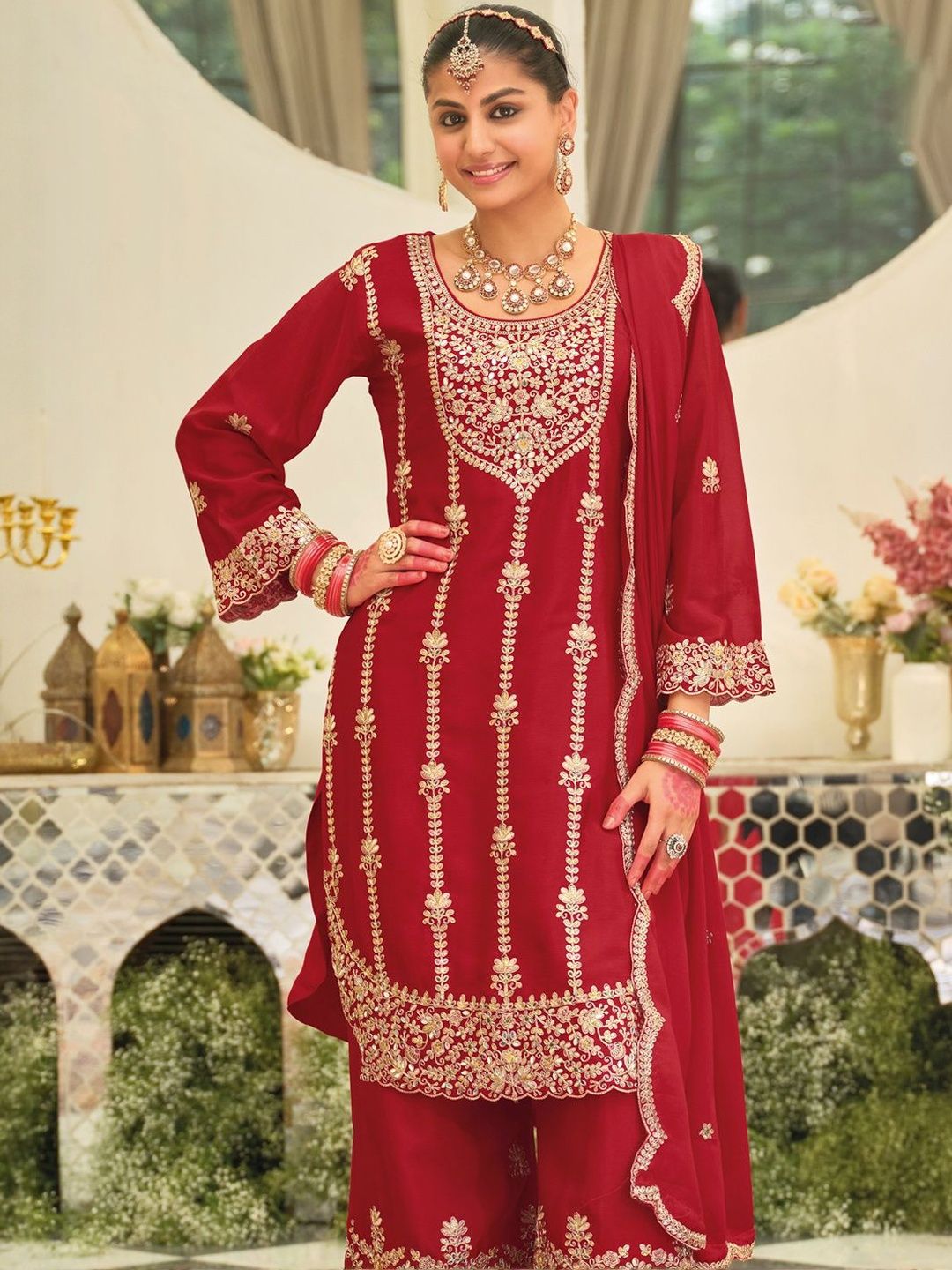 Ethnic Motifs Embroidered Straight Kurta With Palazzos & Dupatta