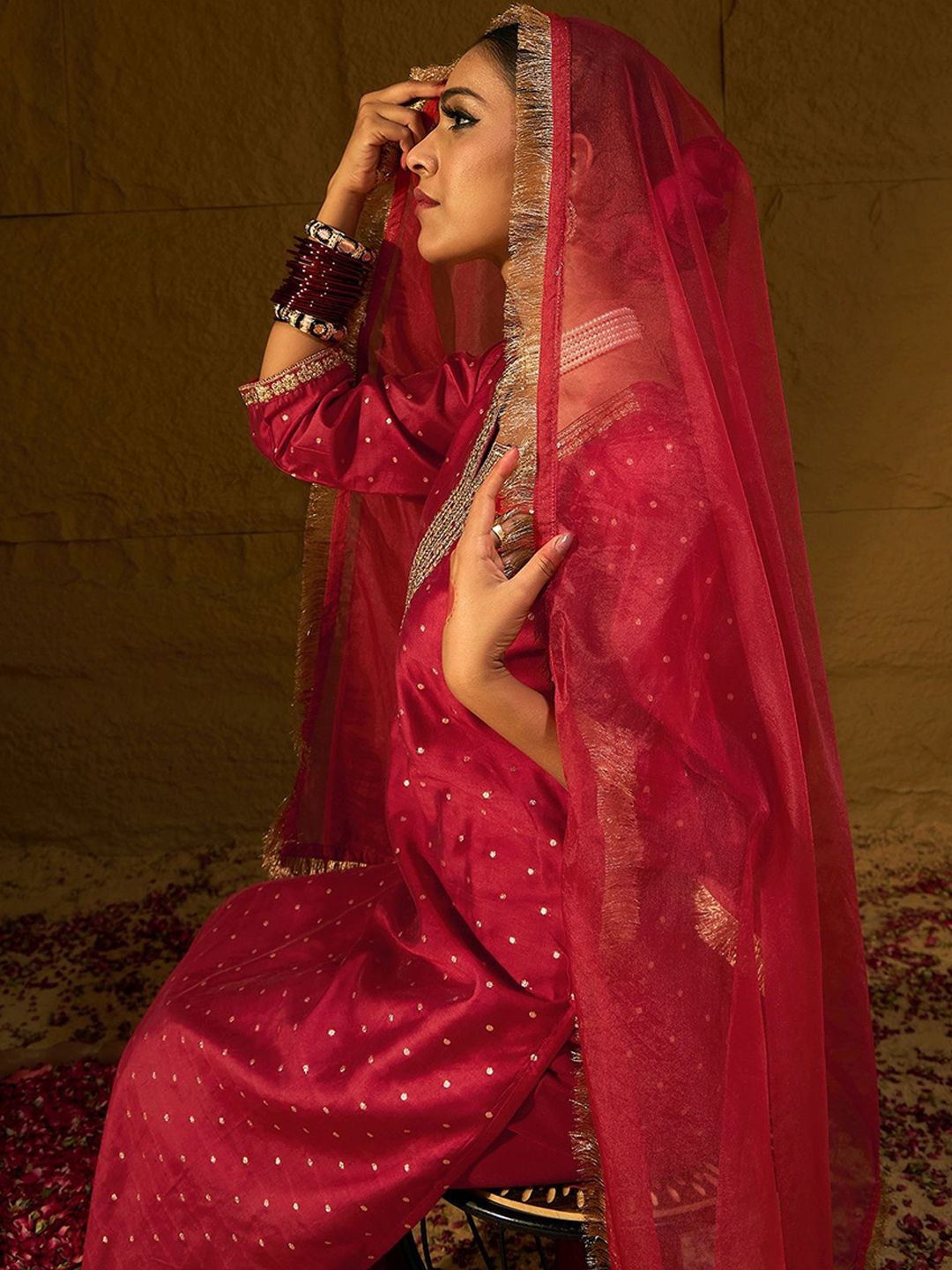 Red Embroidered Chanderi Silk Straight Zari Kurta With Trousers & Dupatta