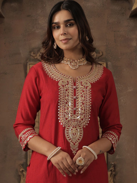 Ethnic Motifs Yoke Design Notch Neck Sequinned Straight Kurta With Trousers