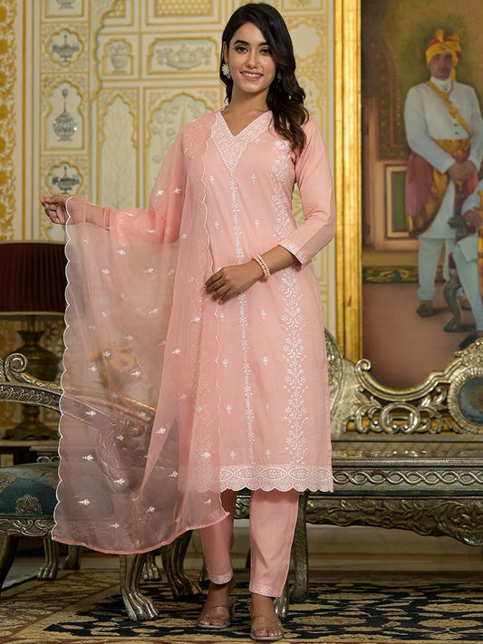 Dhiyona VA Women's Floral Embroidered Regular Pure Cotton Kurta with Trousers & With Dupatta