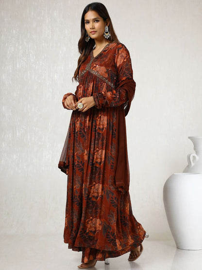 Dhiyona SO Women's Floral Printed Mirror Work Anarkali Kurta with Sharara & With Dupatta
