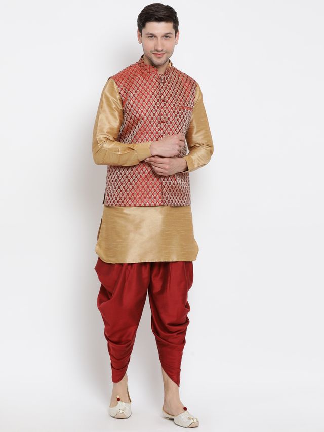 Men's Rose Gold Silk Blend Straight Jacket  Kurta and Dhoti Set