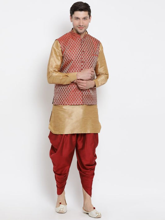 Men's Rose Gold Silk Blend Straight Jacket  Kurta and Dhoti Set