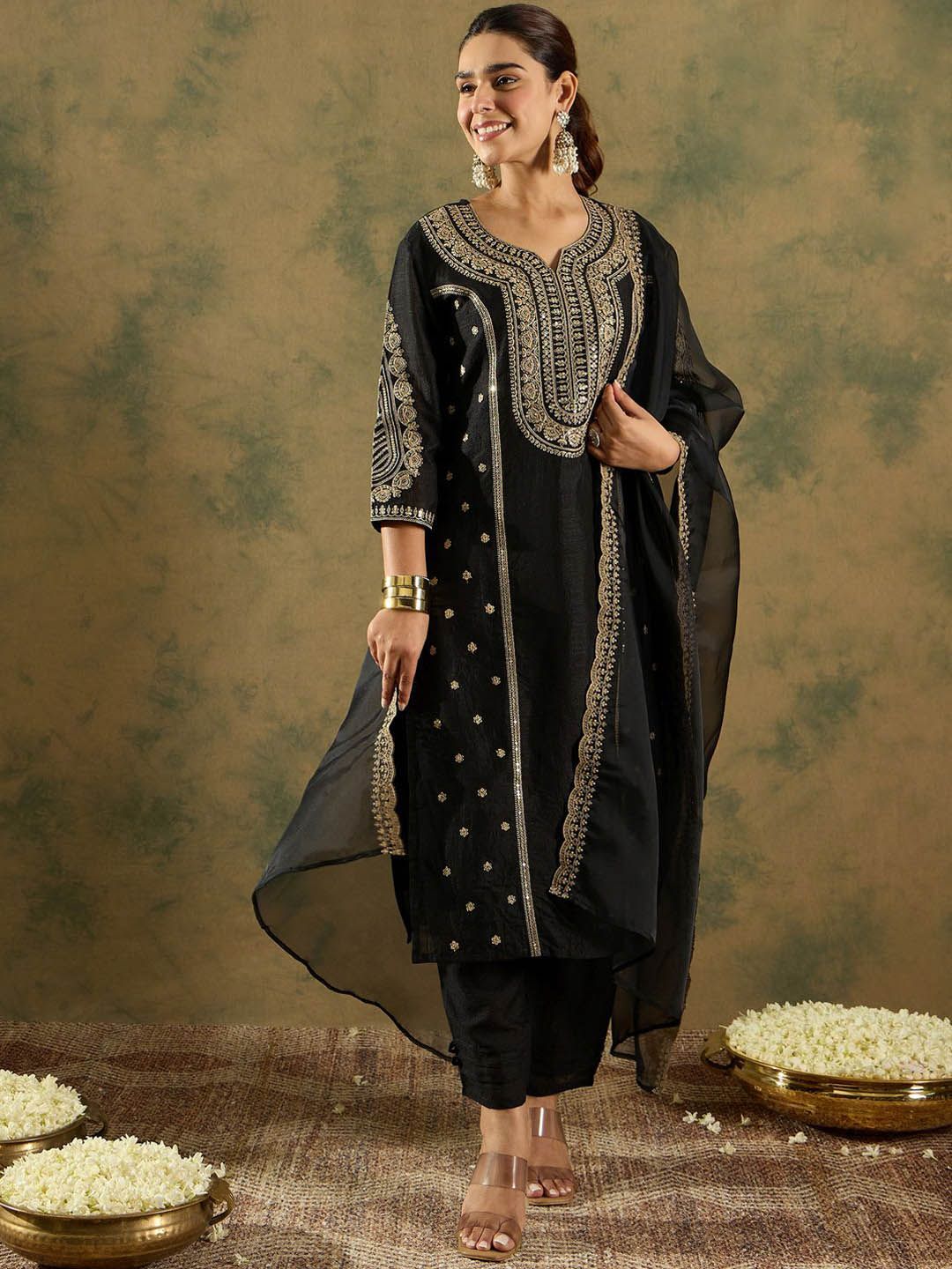 Dhiyona IE Ethnic Motifs Embroidered Panelled Kurta With Trousers & Dupatta