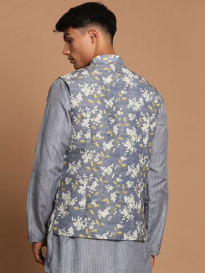 Men's Grey Cotton Blend Straight Nehru Jacket