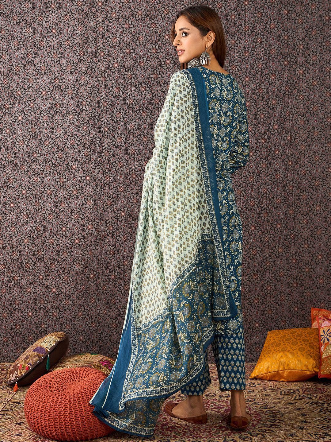 Floral Printed Pure Cotton Straight Kurta Trousers With Dupatta