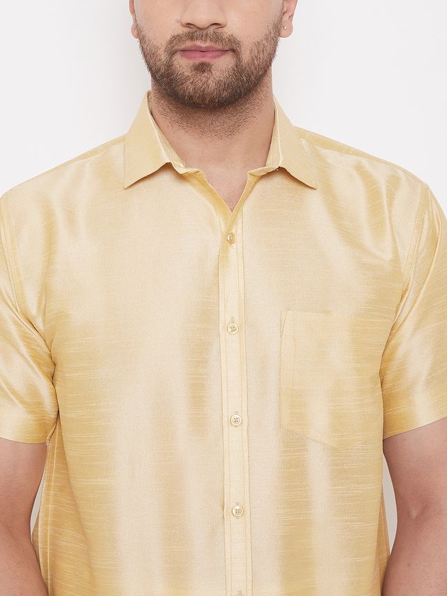 Men's Gold Silk Blend Straight Shirt And Mundu