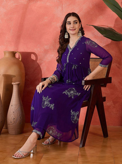 Dhiyona SN Women's Embroidered V-Neck Anarkali Georgette Kurta & Trousers