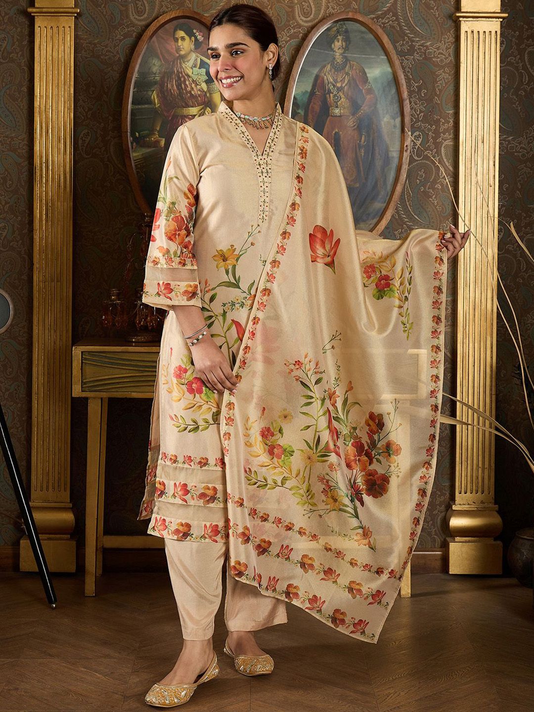 Dhiyona IE Floral Printed V Neck Kurta With Trousers & Dupatta