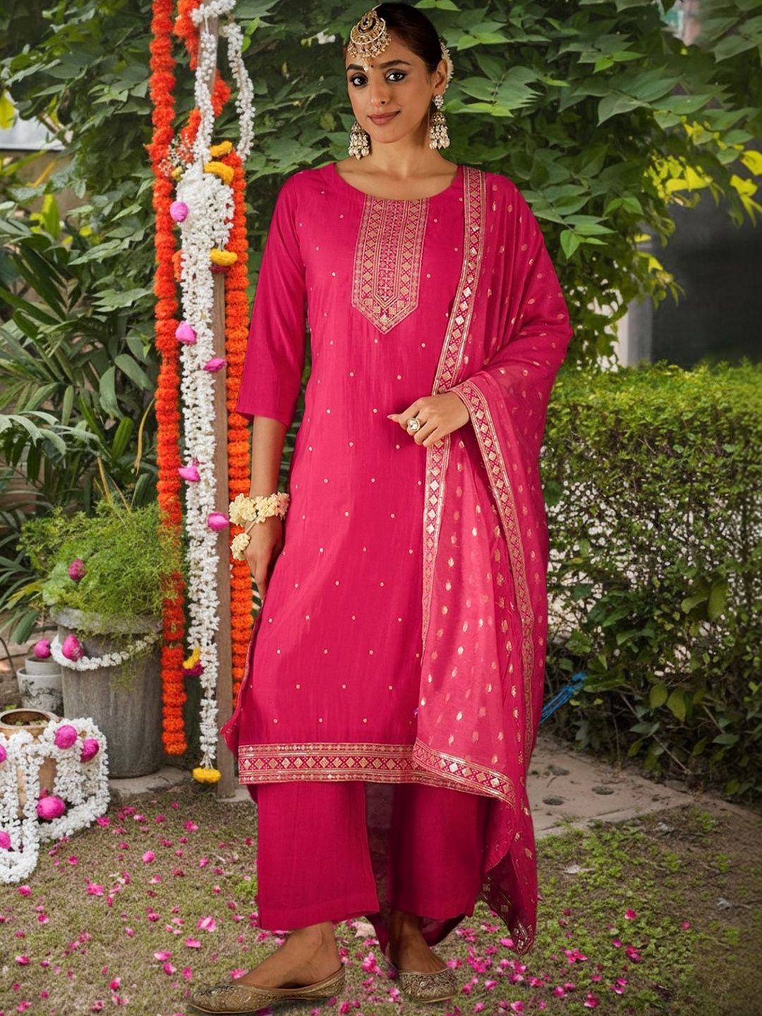 Women Ethnic Motifs Embroidered Regular Gotta Patti Kurta with Palazzos & With Dupatta