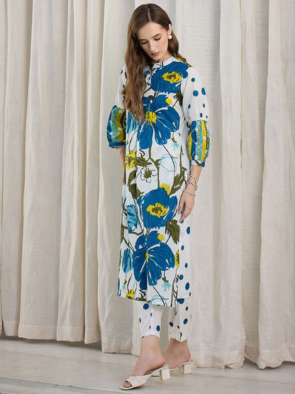 Dhiyona IE Floral Printed Pure Cotton Mandarin Collar Tunic With Trousers
