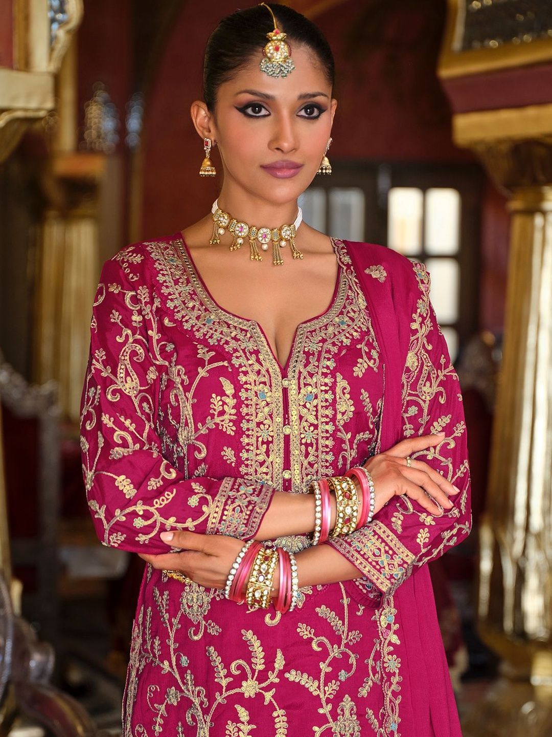 Ethnic Motifs Embroidered Zari V-Neck Straight Kurta & Palazzos With Dupatta