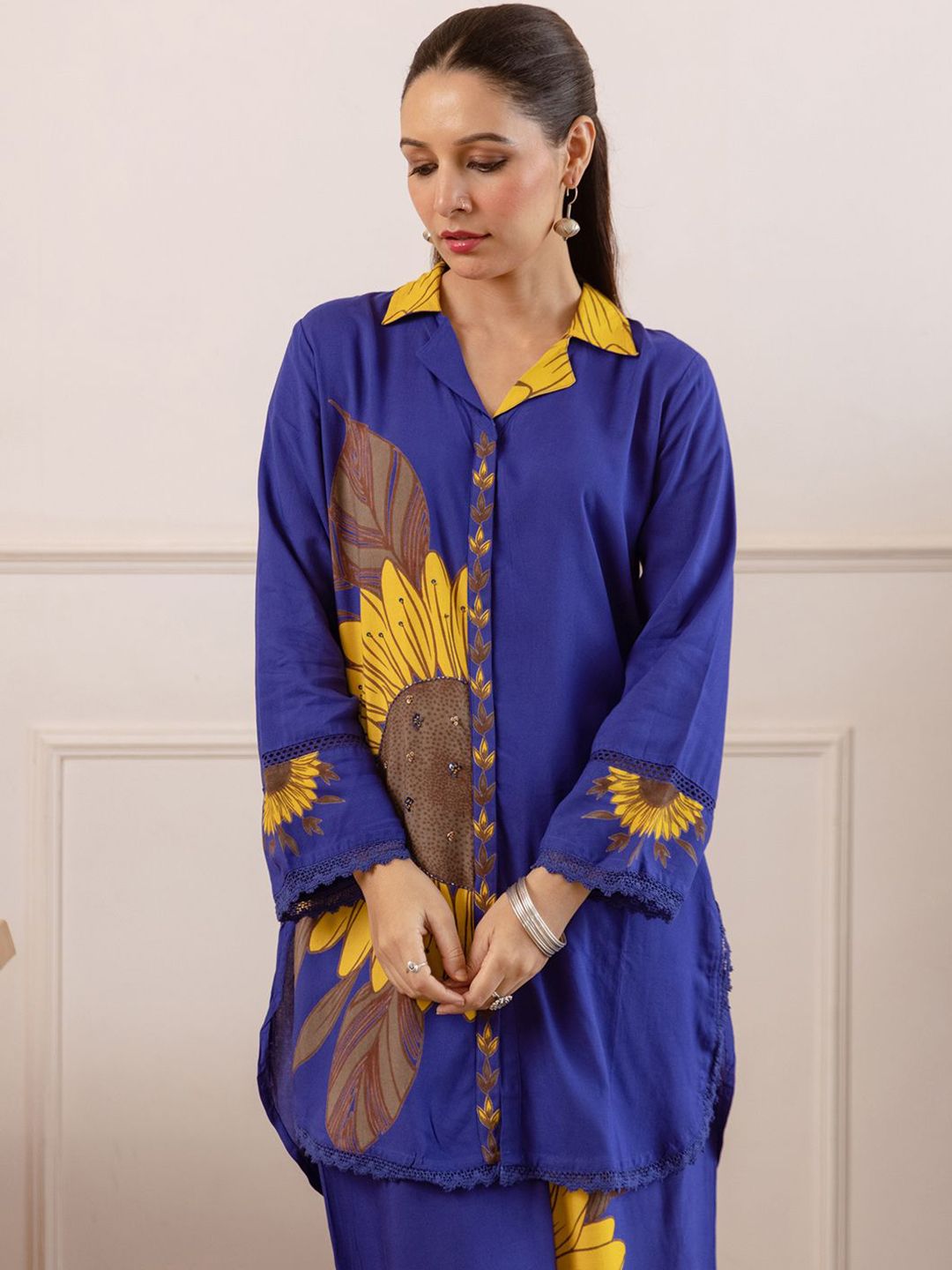 Dhiyona IE Printed Mandarin Collar Long Sleeves Shirt & Palazzo