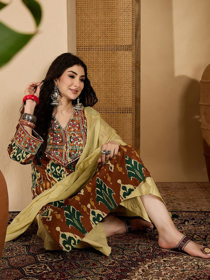 Dhiyona SN Women's Ikat Printed Embroidered Straight Kurta Palazzo & Dupatta Set