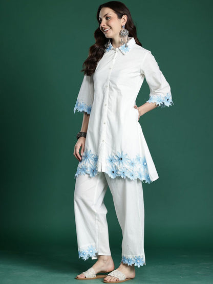 Dhiyona IE Embroidered Pure Cotton Shirt Collar Tunic With Trousers Co-Ords