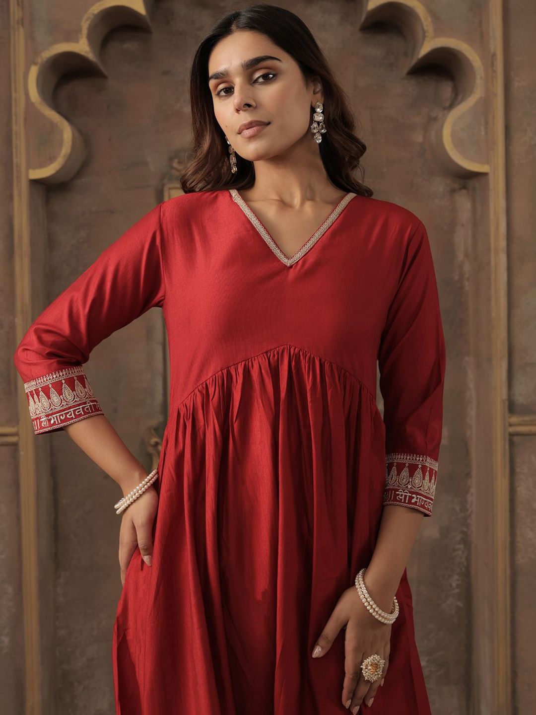 V-Neck Pleated A-Line Kurta With Trousers