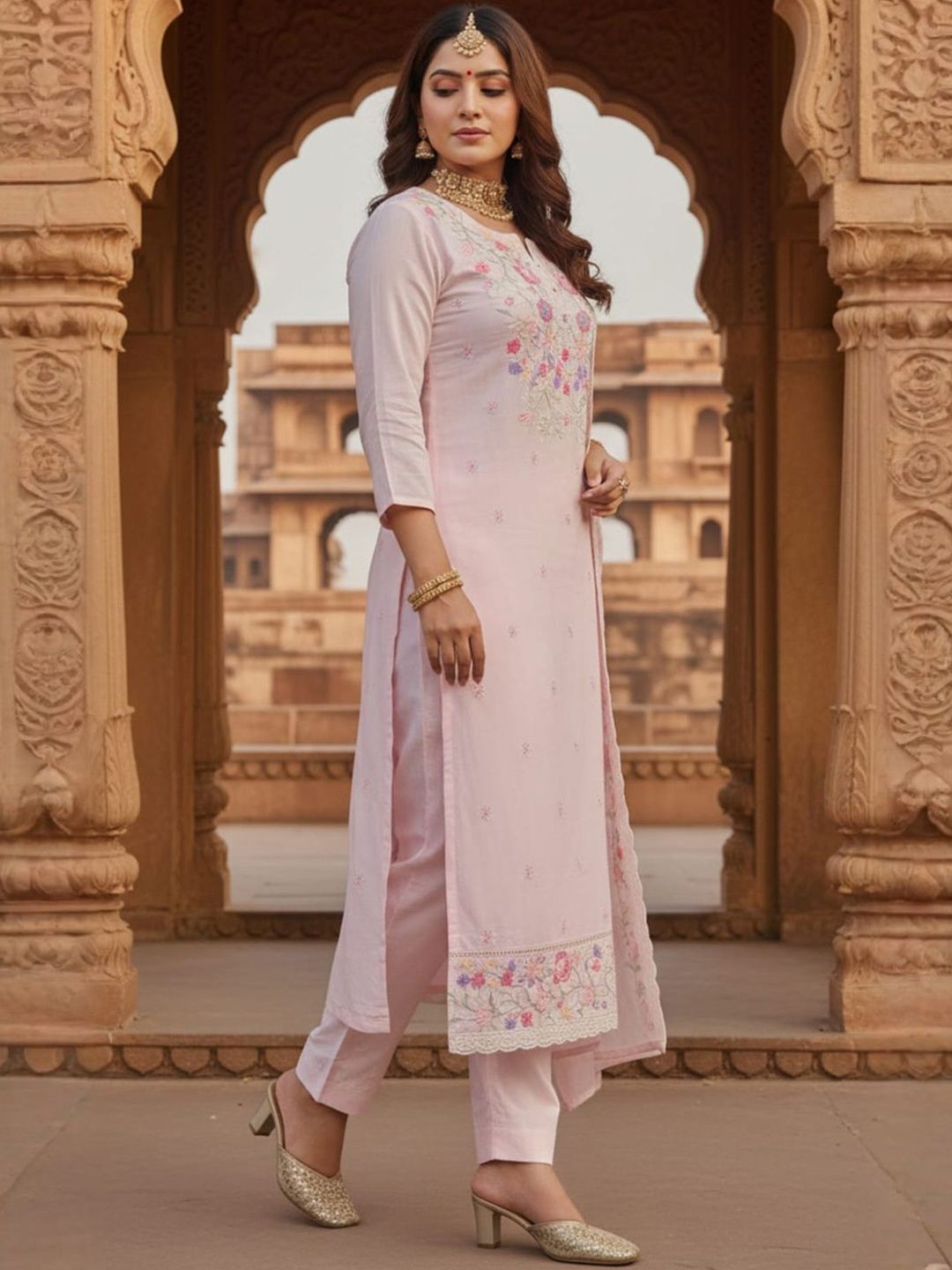 Women Pure Cotton Floral Embroidered Kurta Set With Trousers & Dupatta