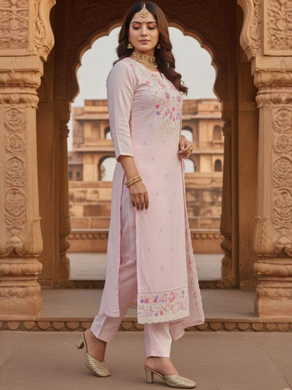 Women Pure Cotton Floral Embroidered Kurta Set With Trousers & Dupatta